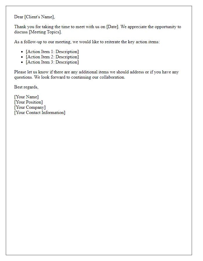 Letter template of client meeting confirmation emphasizing follow-up items