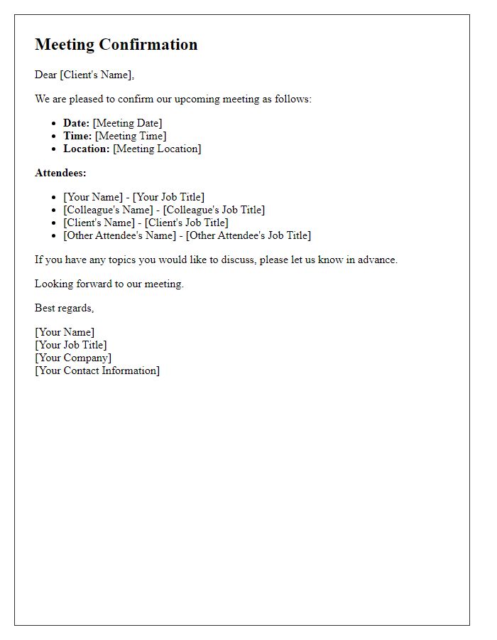 Letter template of client meeting confirmation including attendees