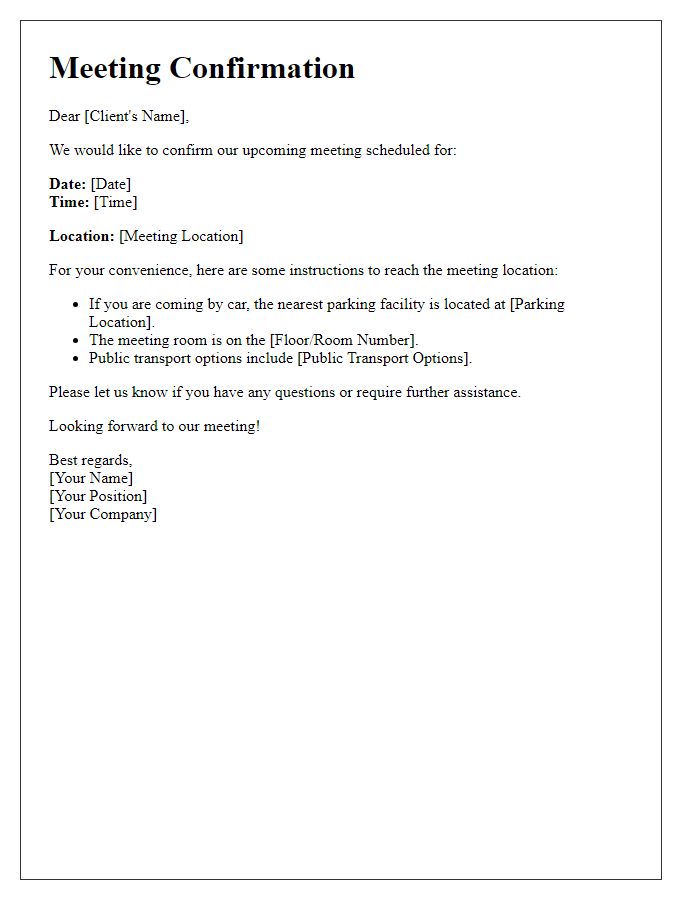 Letter template of client meeting confirmation with location instructions