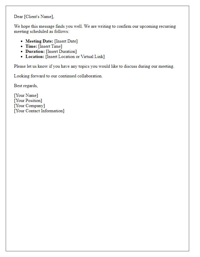 Letter template of client meeting confirmation for recurring meetings
