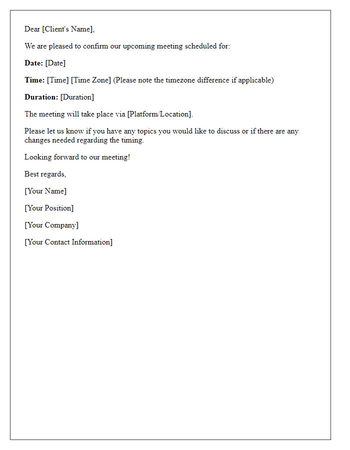 Letter template of client meeting confirmation with time zone considerations