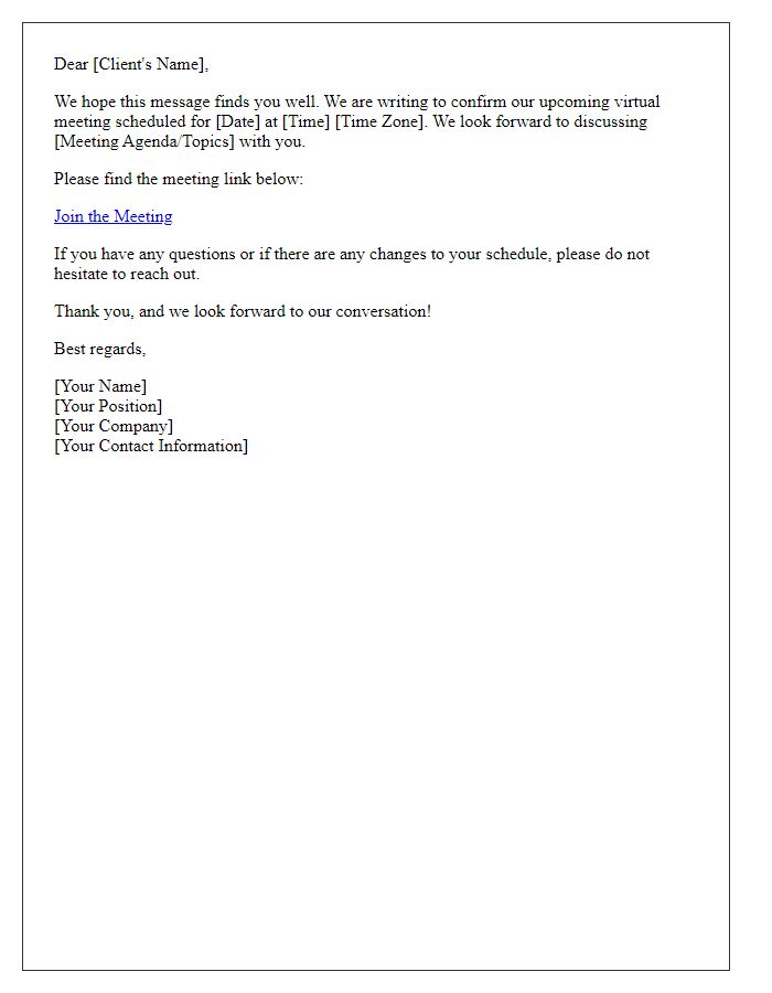 Letter template of client meeting confirmation for virtual setup