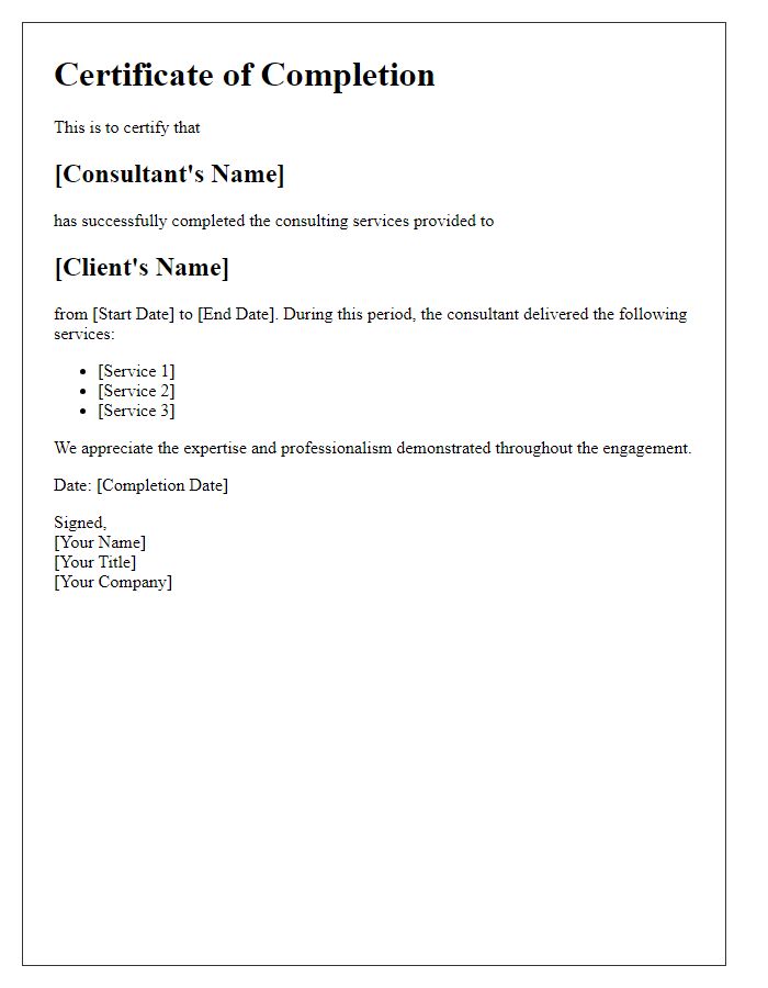 Letter template of certificate of completion for consulting services