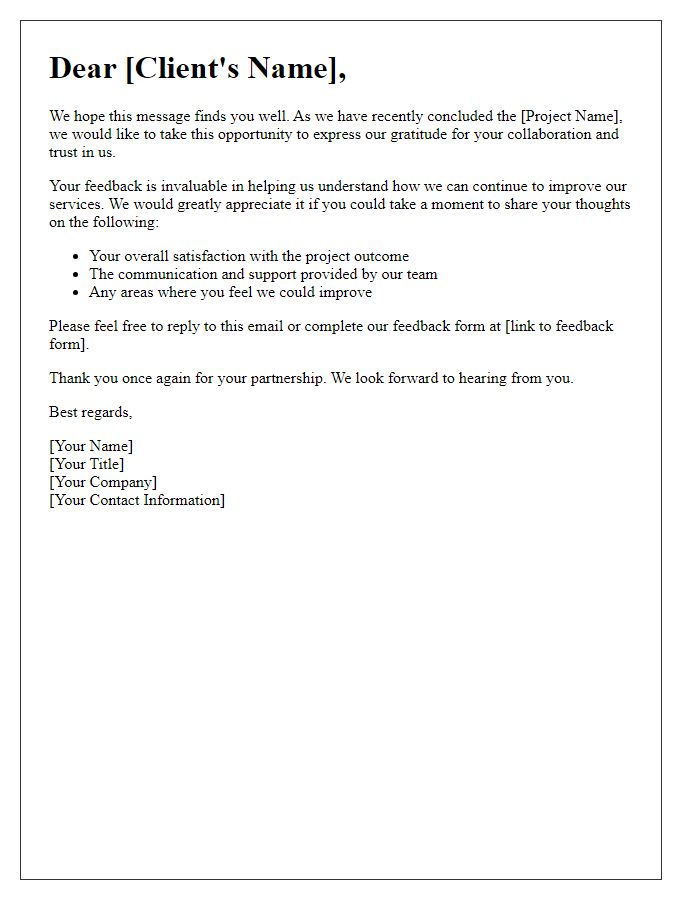 Letter template of client feedback request following project conclusion
