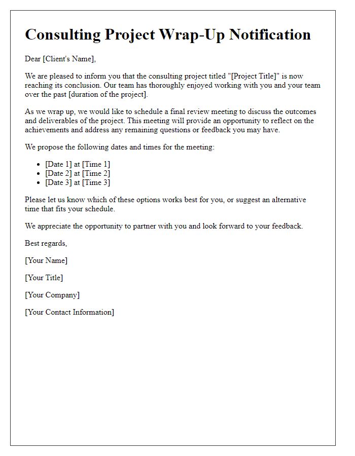 Letter template of consulting project wrap-up notification