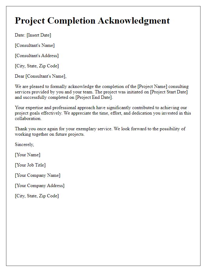 Letter template of project completion acknowledgment for consulting services