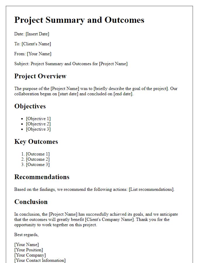 Letter template of project summary and outcomes for consulting work