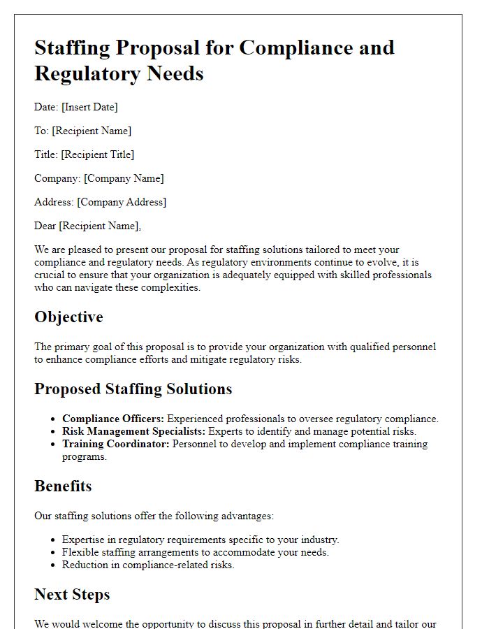 Letter template of staffing proposal for compliance and regulatory needs