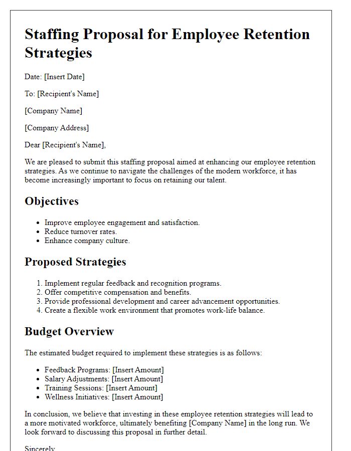 Letter template of staffing proposal for employee retention strategies