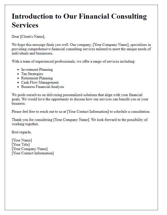 Letter template of financial consulting service introduction