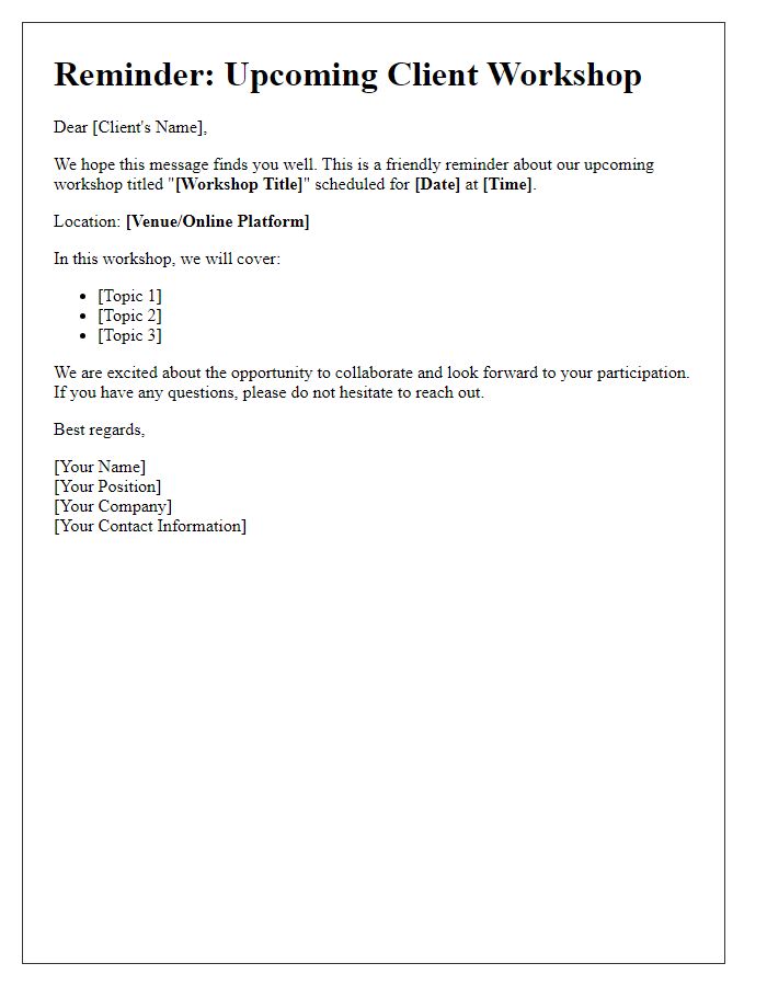 Letter template of reminder invitation to client workshop