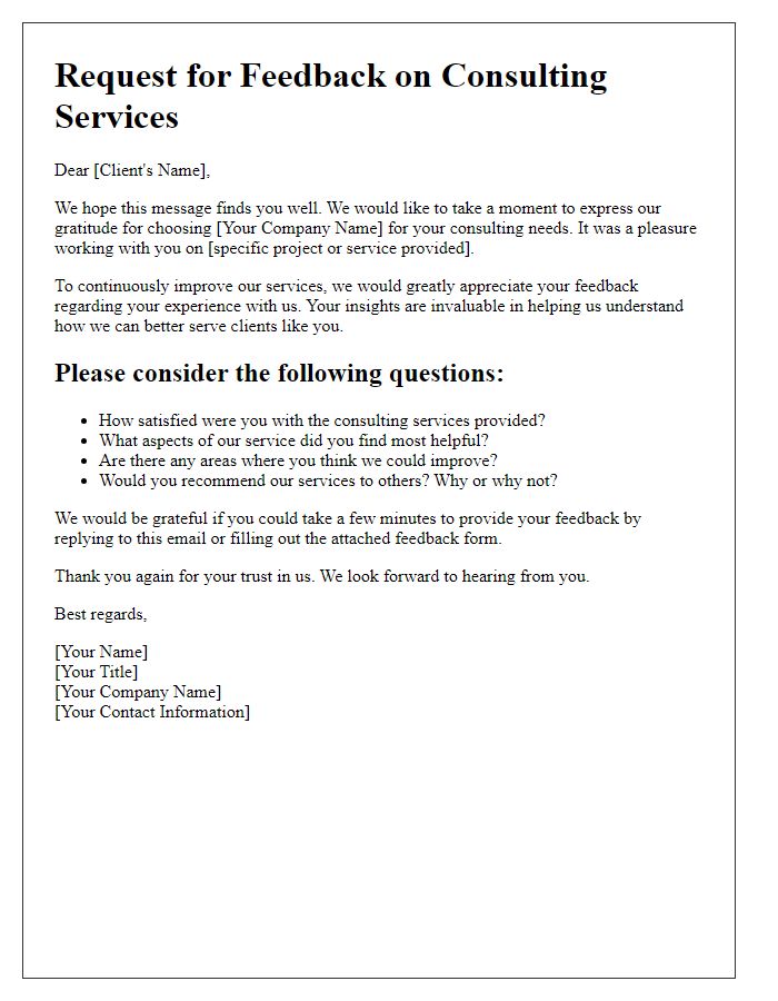 Letter template of client feedback request for consulting services.