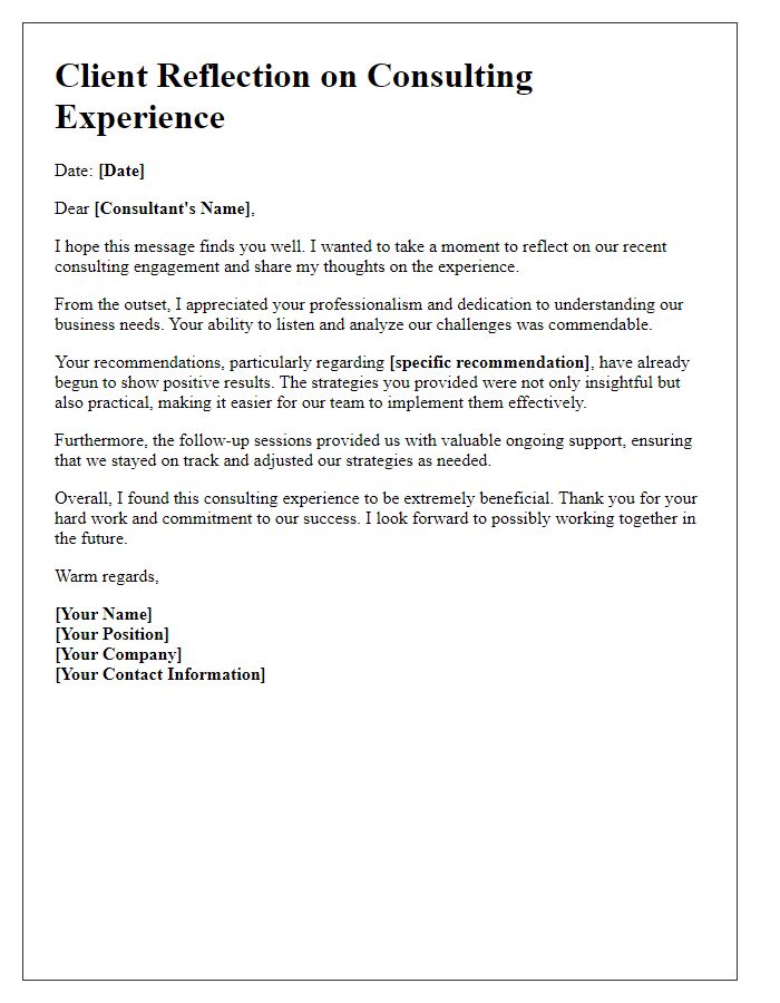 Letter template of client reflection on consulting experience.