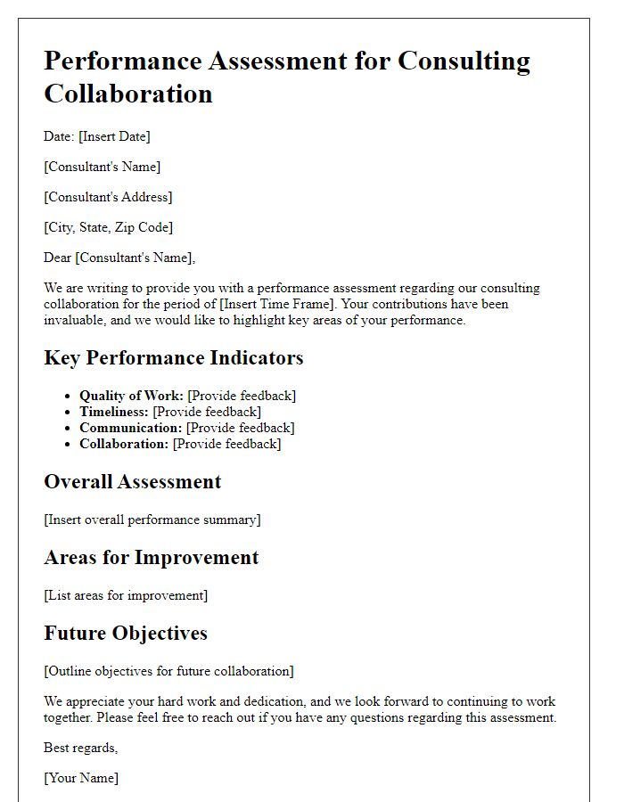 Letter template of performance assessment for consulting collaboration.