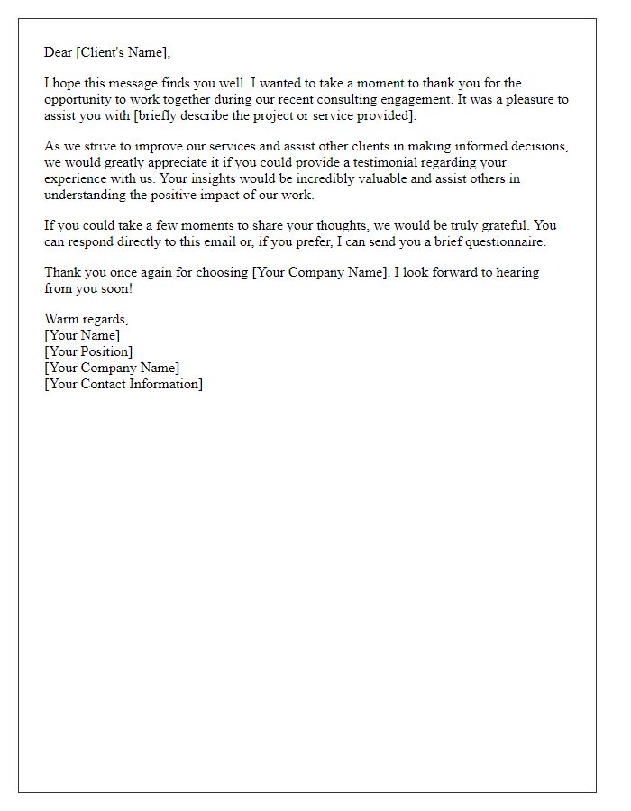 Letter template of testimonial request post consulting engagement.