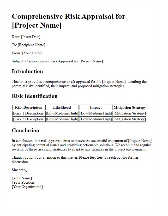 Letter template of comprehensive risk appraisal for projects