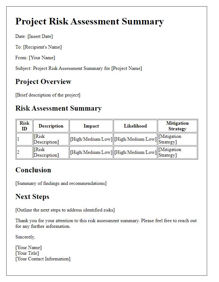 Letter template of project risk assessment summary