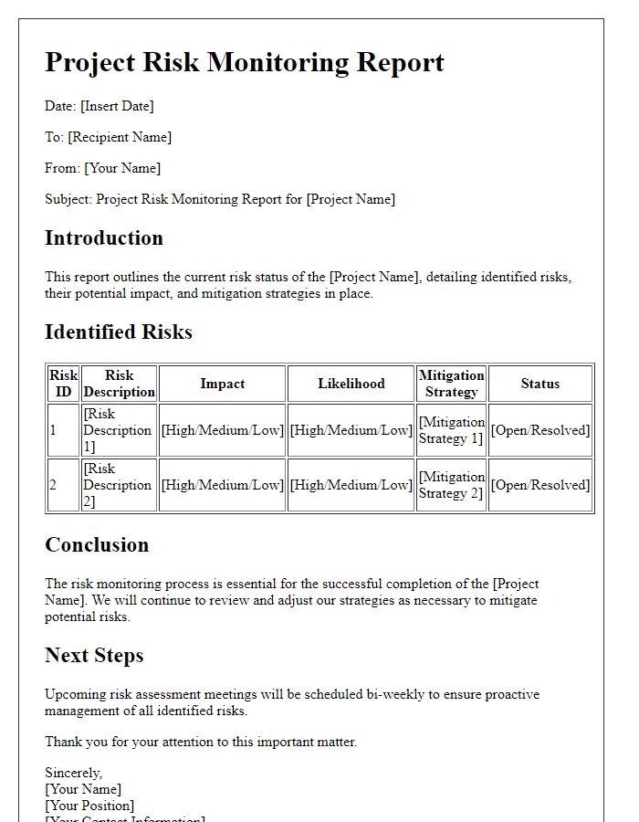 Letter template of project risk monitoring report