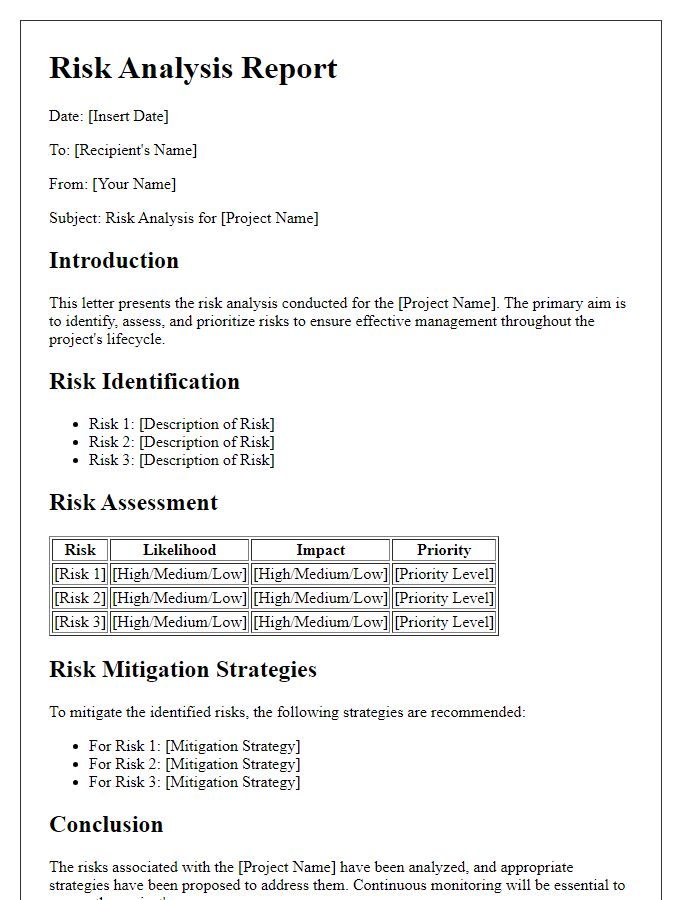 Letter template of risk analysis for project management