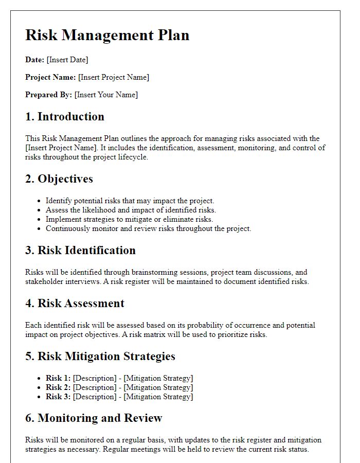 Letter template of risk management plan for projects