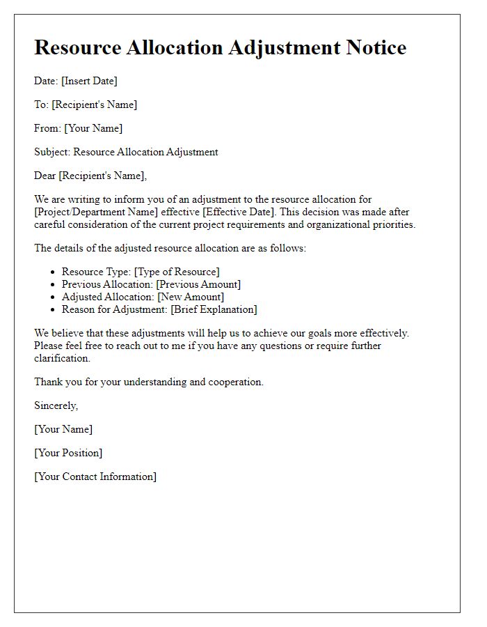 Letter template of resource allocation adjustment notice