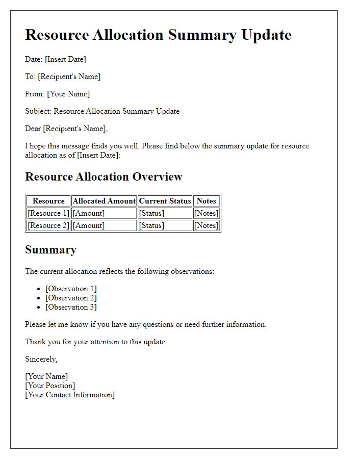 Letter template of resource allocation summary update