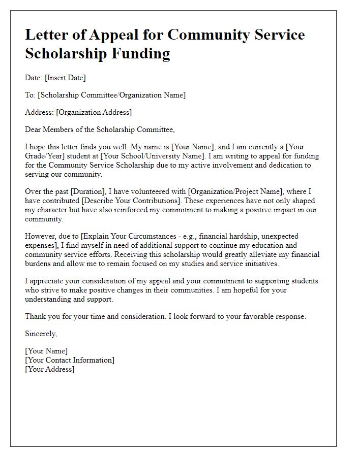 Letter template of appeal for community service scholarship funding.