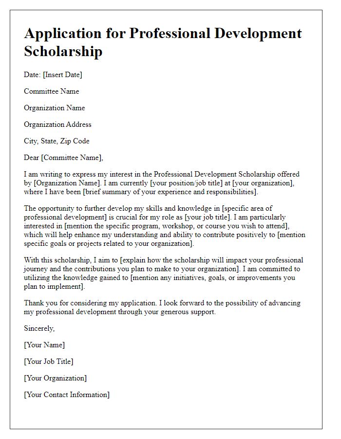 Letter template of application for professional development scholarship.