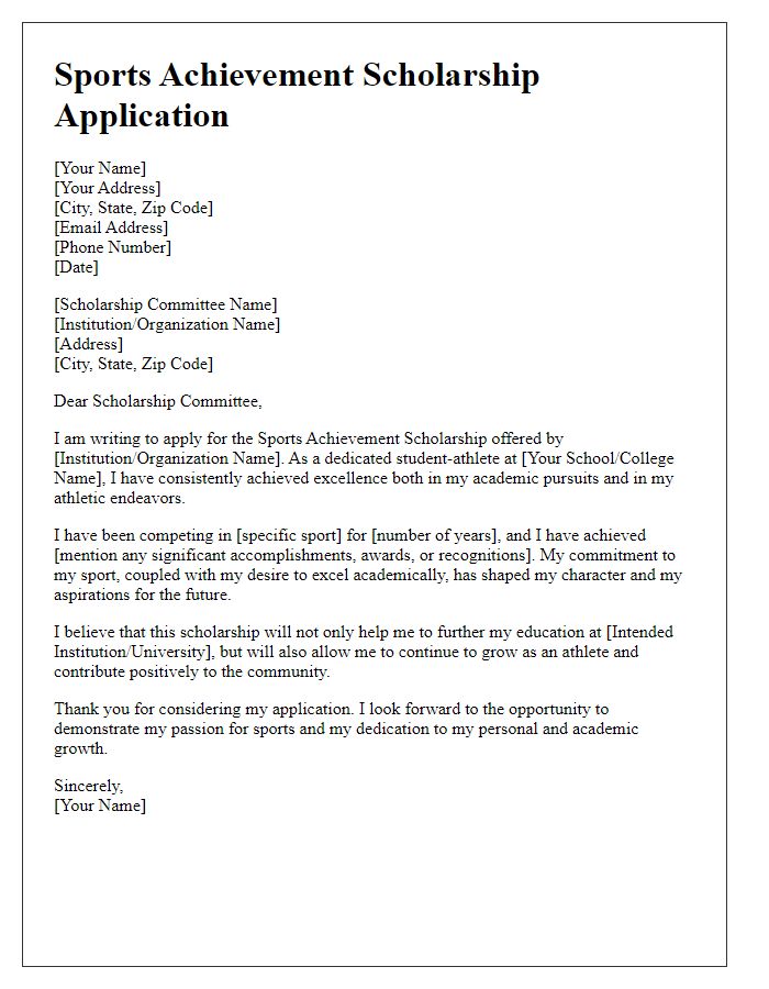 Letter template of application for sports achievement scholarship.