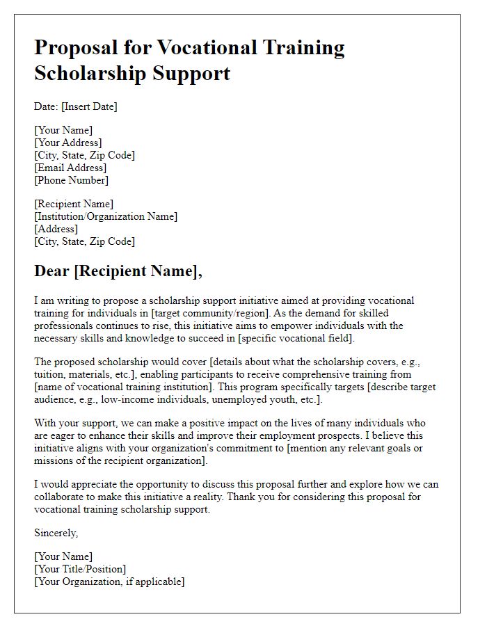 Letter template of proposal for vocational training scholarship support.