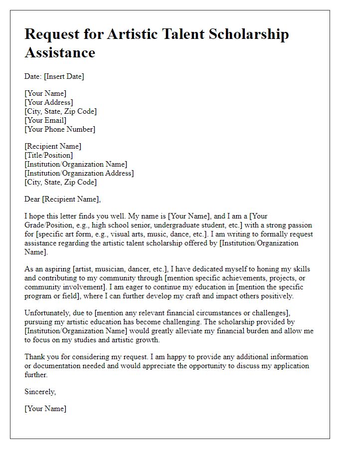 Letter template of request for artistic talent scholarship assistance.