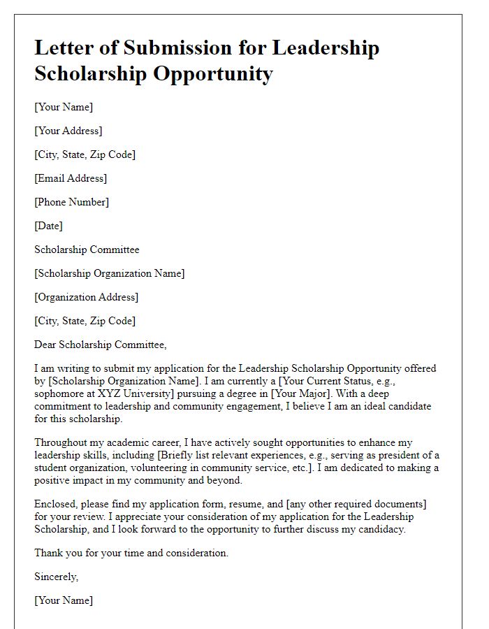 Letter template of submission for leadership scholarship opportunity.