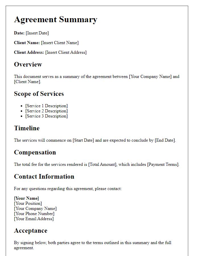 Letter template of Agreement Summary for New Clients