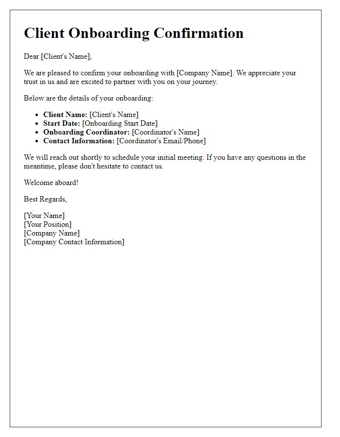 Letter template of Client Onboarding Confirmation