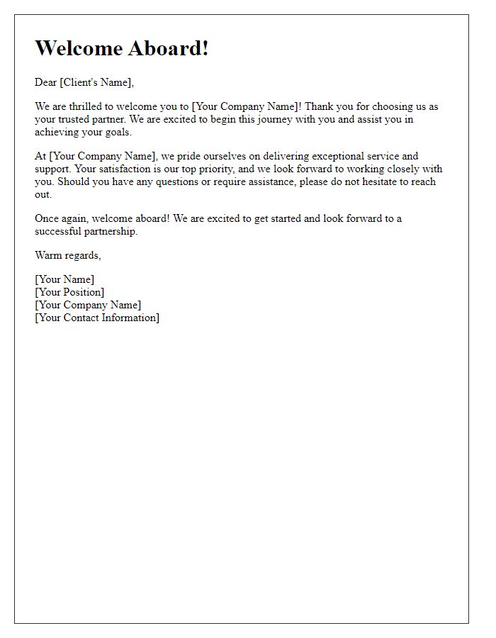 Letter template of Welcome Aboard for New Clients