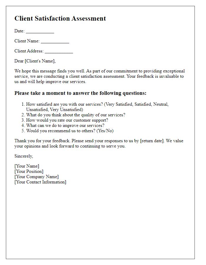 Letter template of client satisfaction assessment