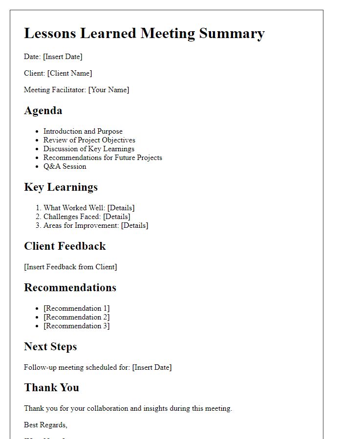 Letter template of lessons learned meeting with client