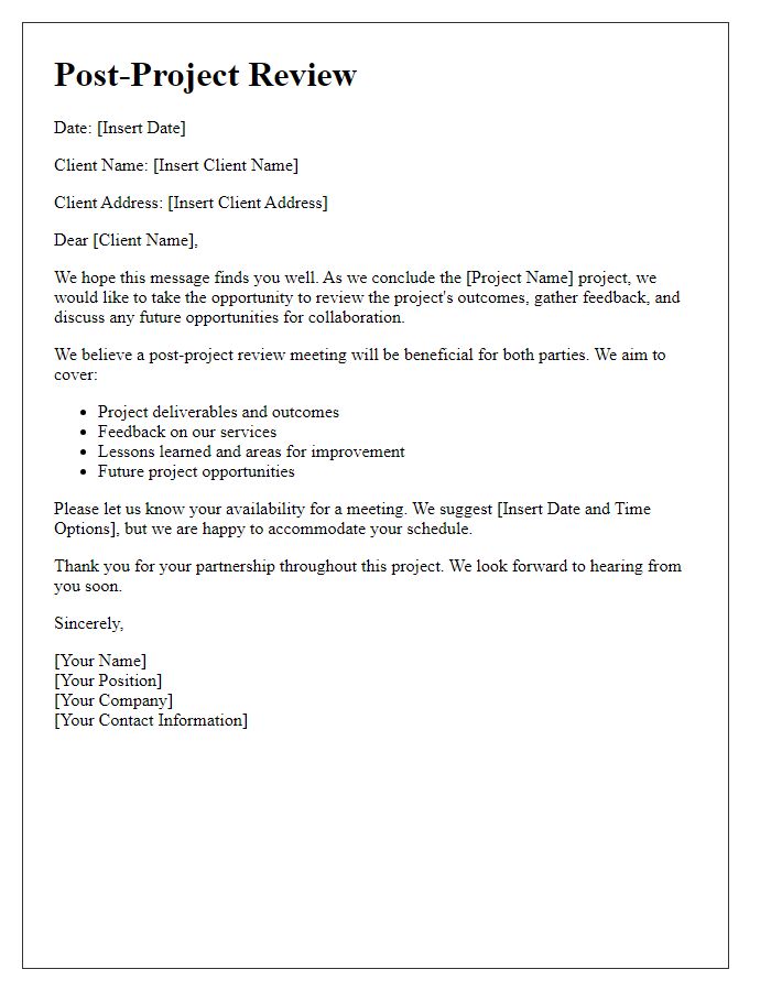 Letter template of post-project review with the client