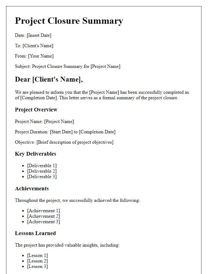 Letter template of project closure summary for clients