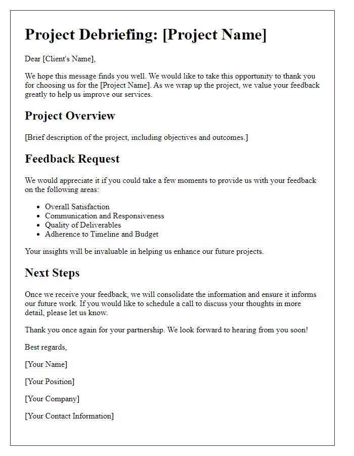 Letter template of project debriefing for client feedback