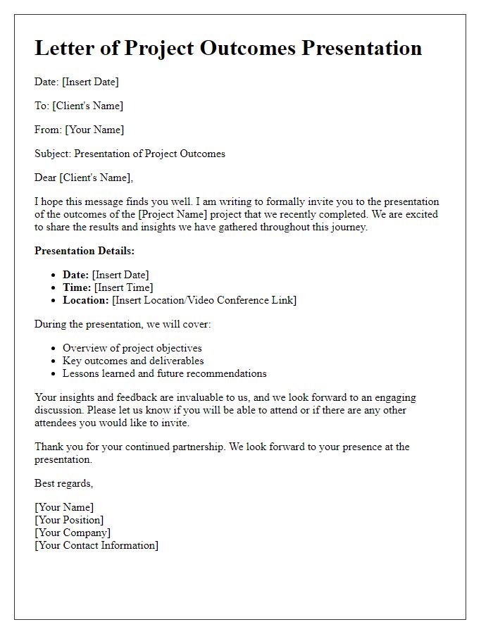 Letter template of project outcomes presentation to client