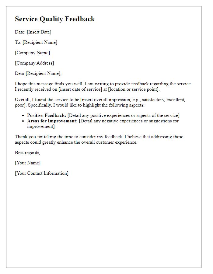 Letter template of service quality feedback