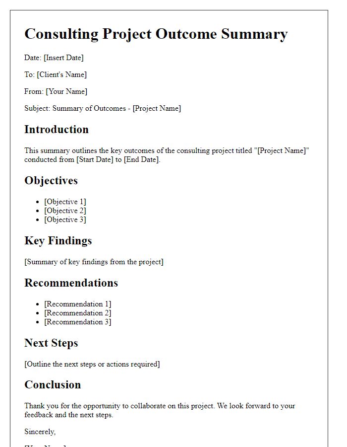 Letter template of consulting project outcome summary