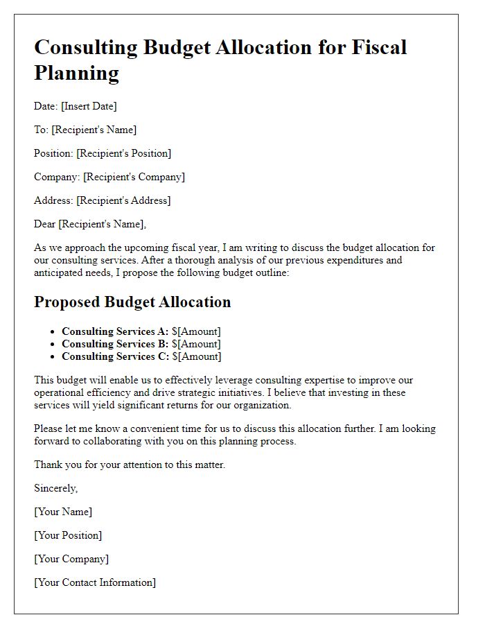 Letter template of consulting budget allocation for fiscal planning