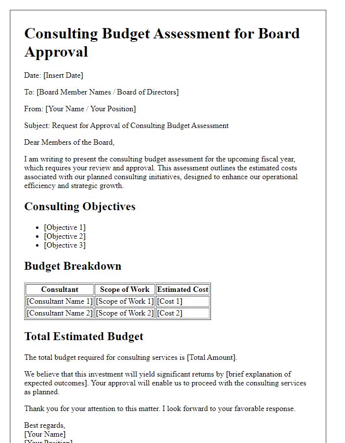 Letter template of consulting budget assessment for board approval