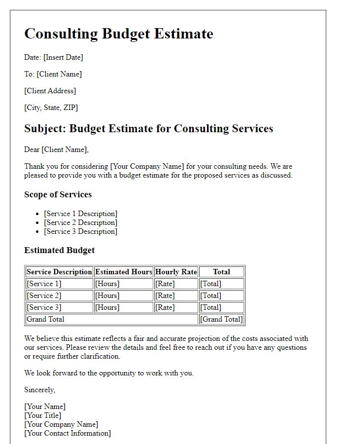 Letter template of consulting budget estimate for service agreement