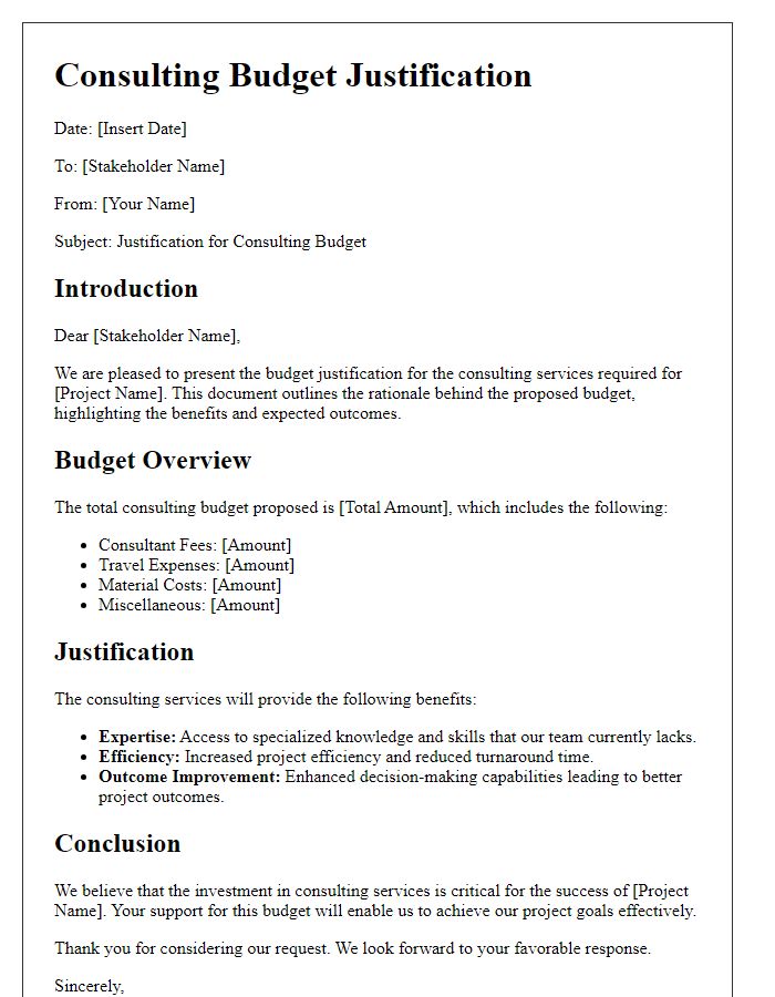 Letter template of consulting budget justification for stakeholder presentation