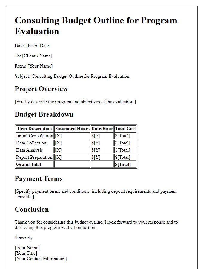 Letter template of consulting budget outline for program evaluation