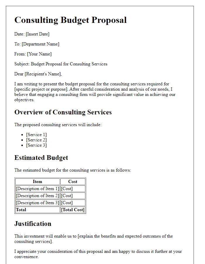 Letter template of consulting budget proposal for departmental review