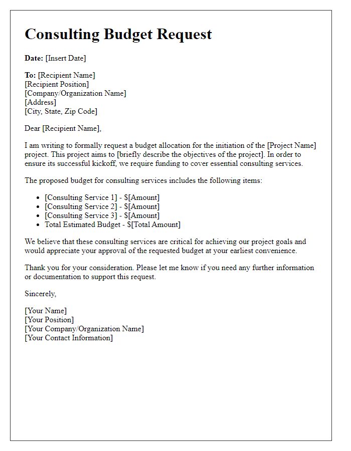 Letter template of consulting budget request for project initiation